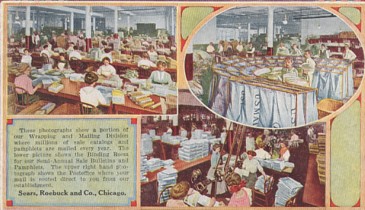 The detail may be a bit hard to make out ... but featured is a postcard image of Sears Roebuck & Co Catalogs being wrapped and shipped from the Chicago headquarters circa 1917.  The Scarce original and postally used postcard is for sale in The unltd.com Store.